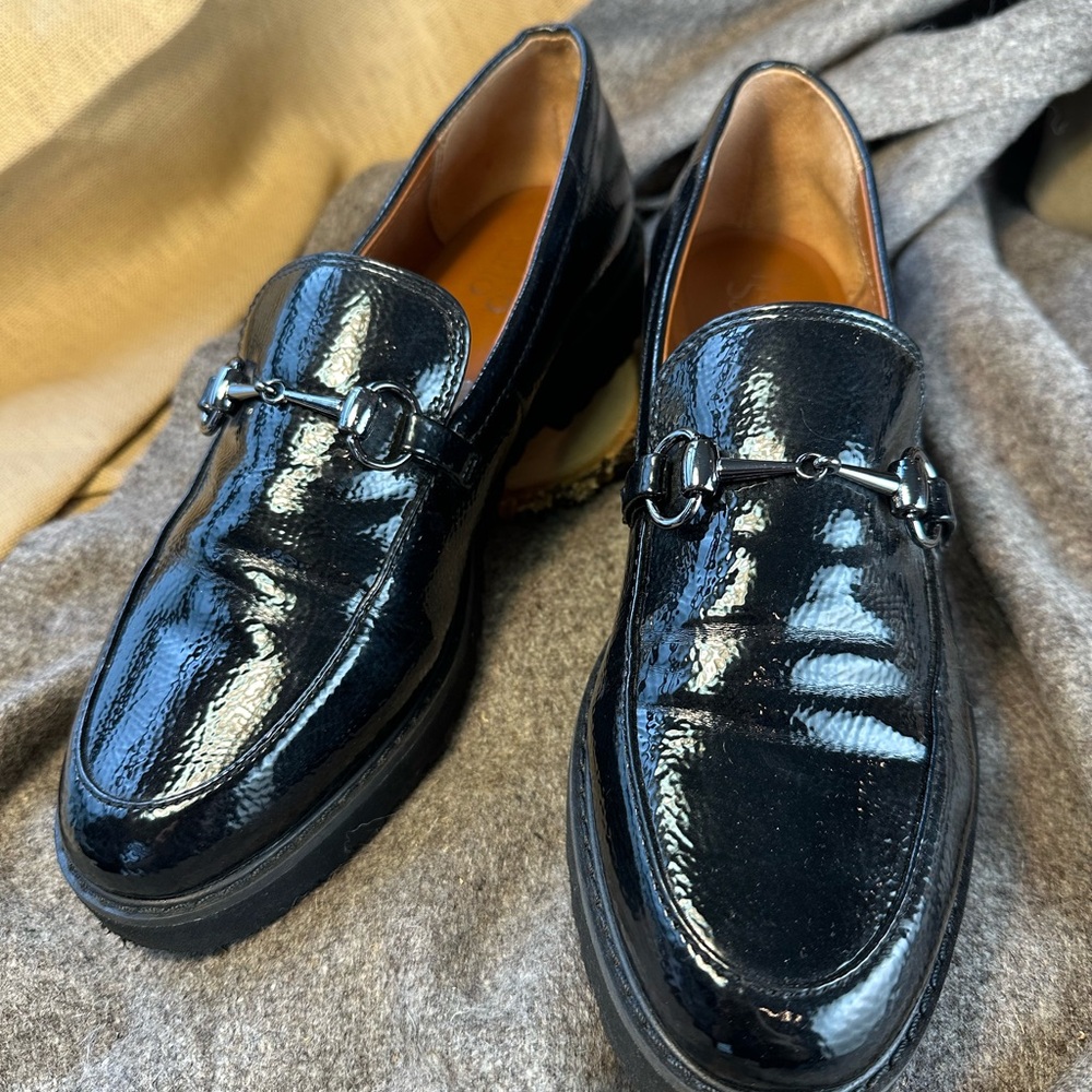 Franco Sarto Patent Leather Loafer. Black with Horse bit hardware. W SZ 9 $55